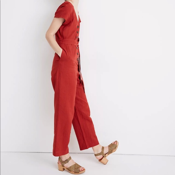 Madewelll Linen-Cotton Pleat-Sleeve Jumpsuit in Dark Cinnabar - Picture 2 of 5